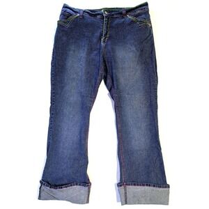 Sunshine Apparel Plus Size 22W Neon Contrast Stitch Cuffed Wide Leg Jeans Blue
